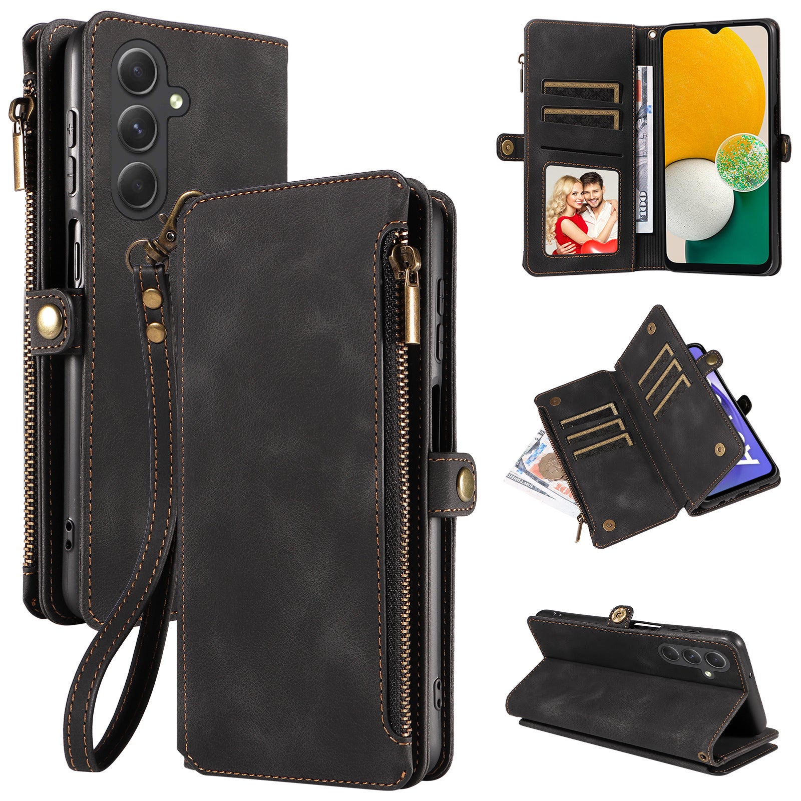 For Samsung Galaxy A13 5G A04s 4G (164.7 x 76.7 x 9.1 mm) Zipper Pocket Wallet Stand Leather Phone Case with Strap