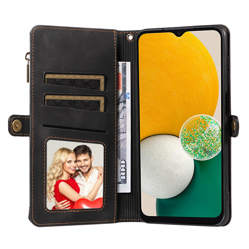 For Samsung Galaxy A13 5G A04s 4G (164.7 x 76.7 x 9.1 mm) Zipper Pocket Wallet Stand Leather Phone Case with Strap