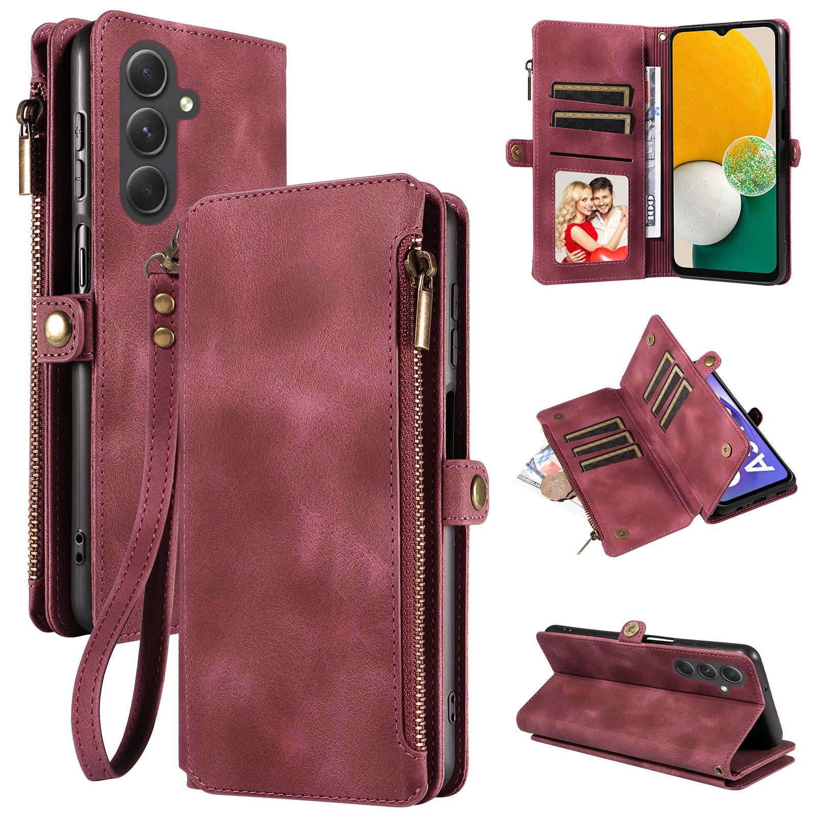 For Samsung Galaxy A13 5G A04s 4G (164.7 x 76.7 x 9.1 mm) Zipper Pocket Wallet Stand Leather Phone Case with Strap