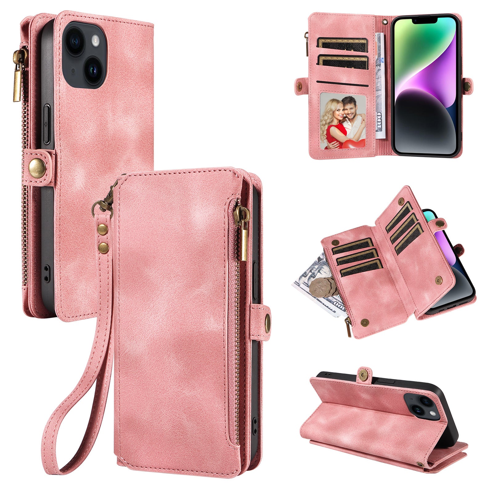 For iPhone 15 Plus Anti-Scratch Phone Cover Zipper Pocket Wallet RFID Blocking Stand Leather Case with Strap