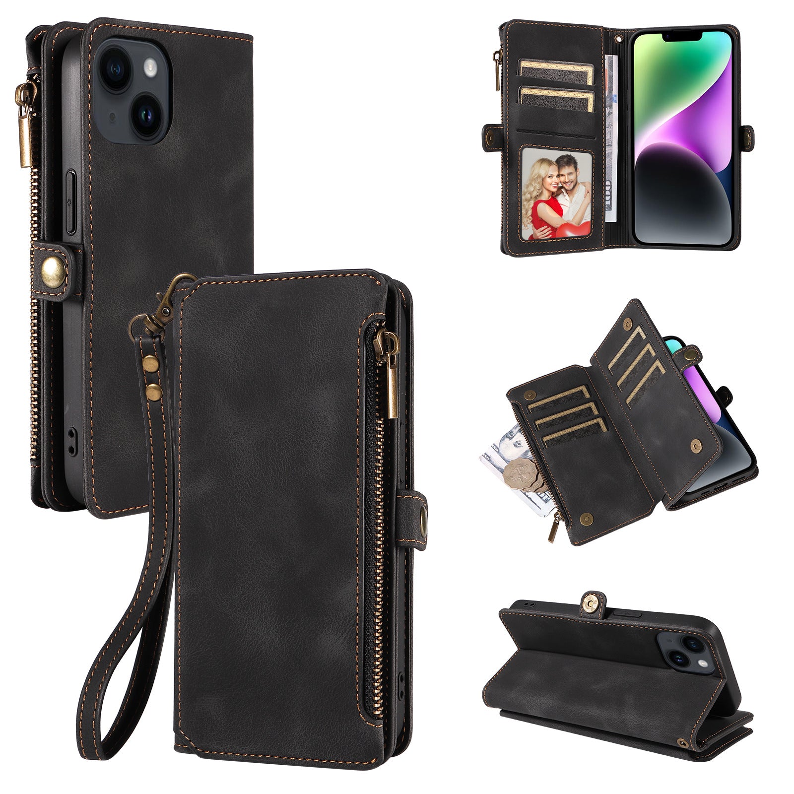 For iPhone 15 Plus Anti-Scratch Phone Cover Zipper Pocket Wallet RFID Blocking Stand Leather Case with Strap