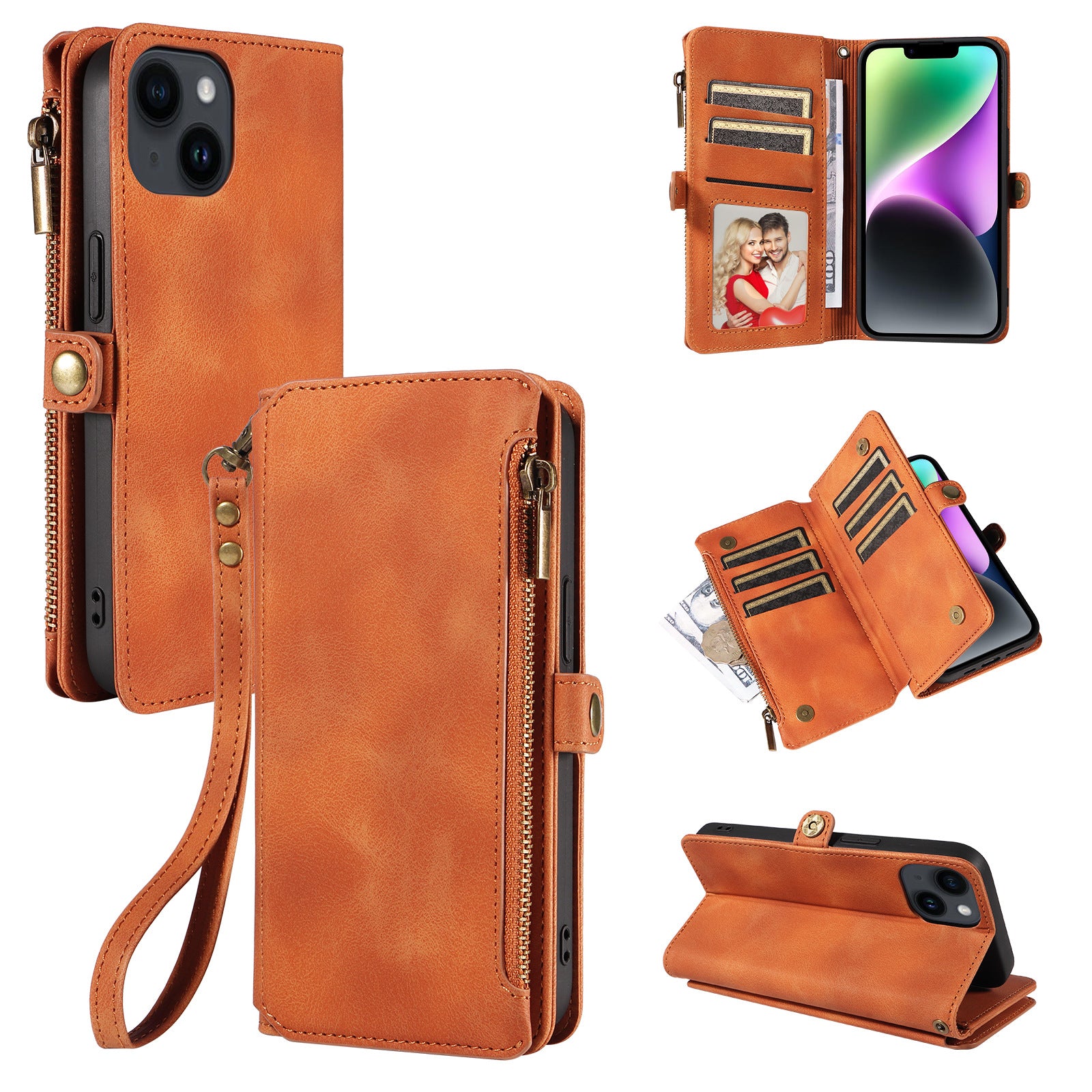 For iPhone 15 Plus Anti-Scratch Phone Cover Zipper Pocket Wallet RFID Blocking Stand Leather Case with Strap