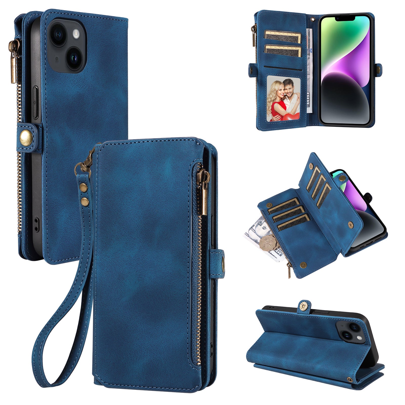 For iPhone 15 Plus Anti-Scratch Phone Cover Zipper Pocket Wallet RFID Blocking Stand Leather Case with Strap