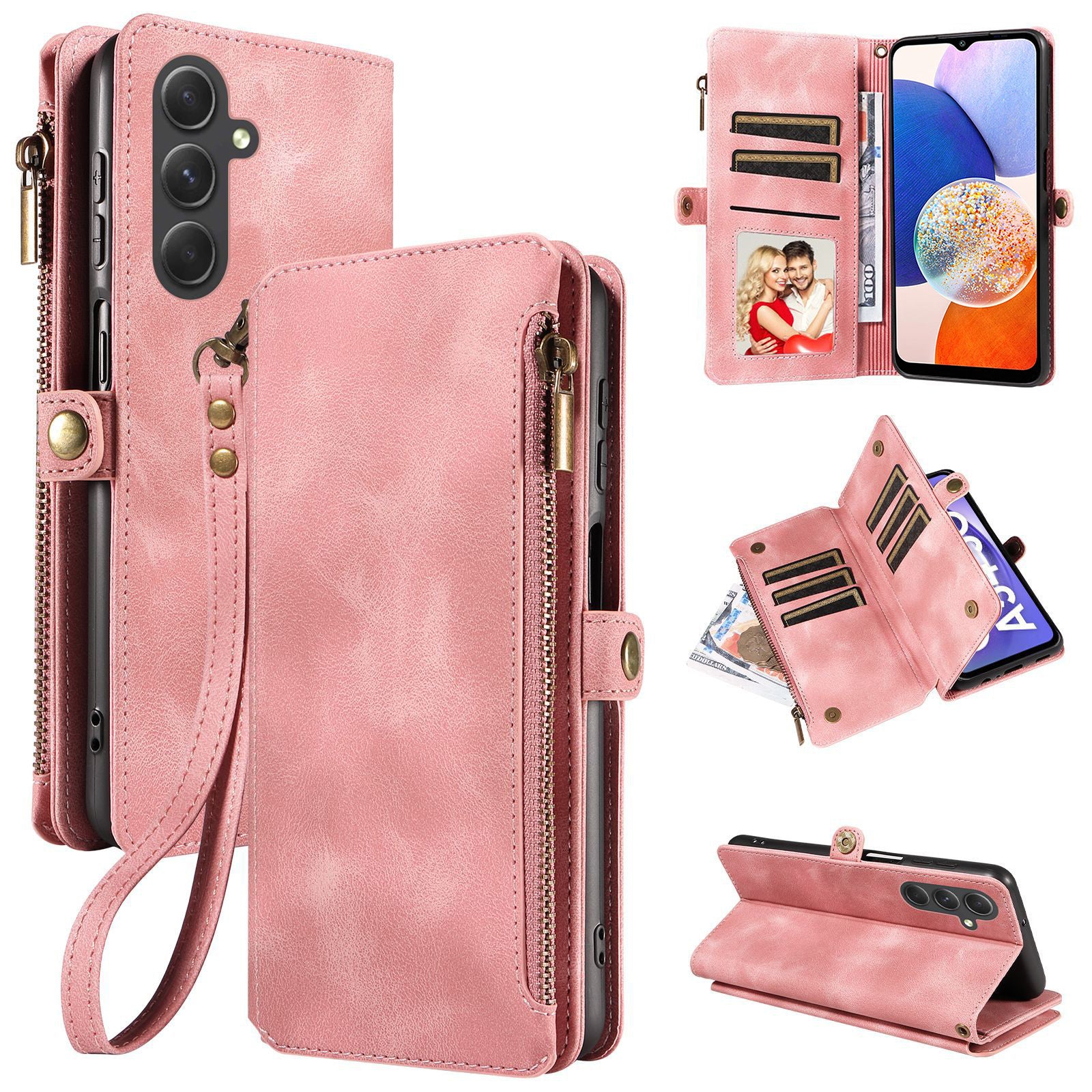 For Samsung Galaxy A14 4G 5G Zipper Pocket Viewing Stand Wallet Leather Case Phone Cover with Strap