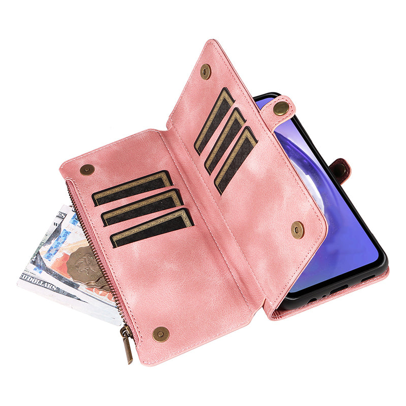For Samsung Galaxy A14 4G 5G Zipper Pocket Viewing Stand Wallet Leather Case Phone Cover with Strap