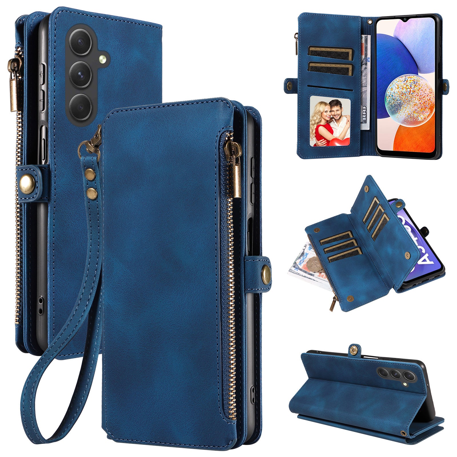 For Samsung Galaxy A14 4G 5G Zipper Pocket Viewing Stand Wallet Leather Case Phone Cover with Strap