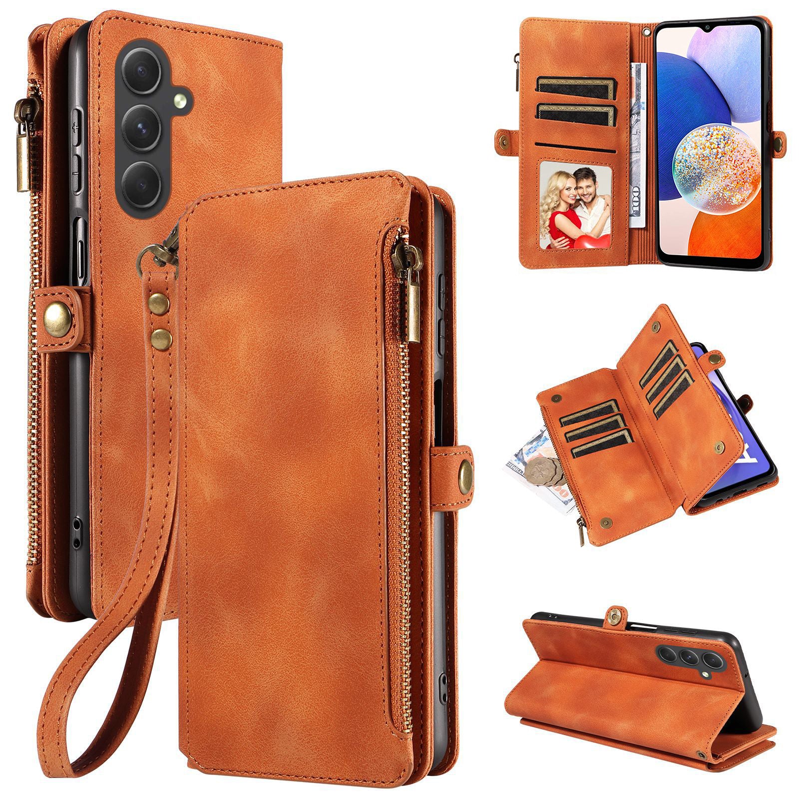 For Samsung Galaxy A14 4G 5G Zipper Pocket Viewing Stand Wallet Leather Case Phone Cover with Strap