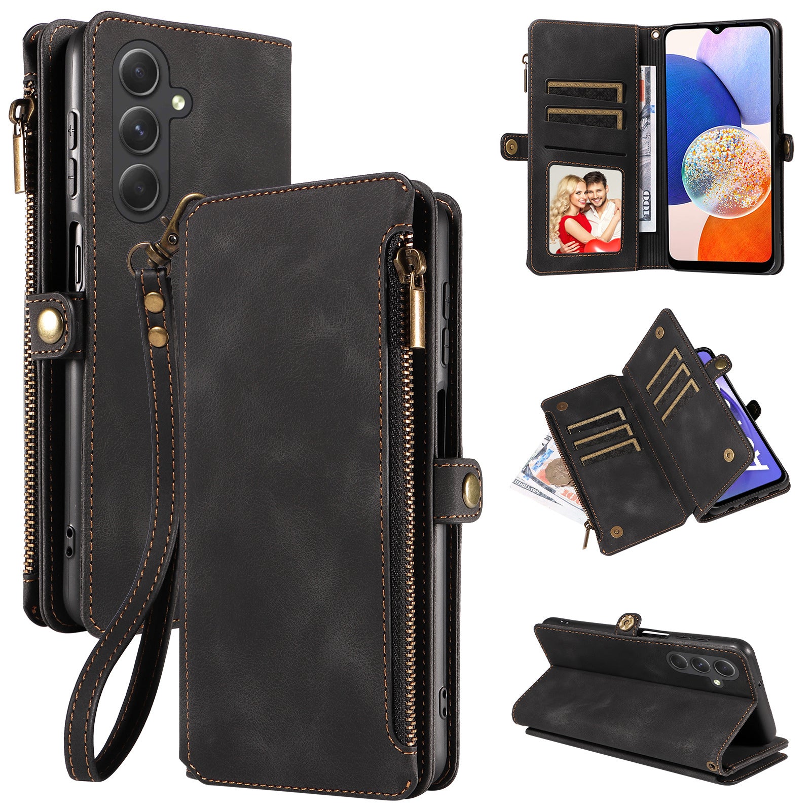 For Samsung Galaxy A14 4G 5G Zipper Pocket Viewing Stand Wallet Leather Case Phone Cover with Strap