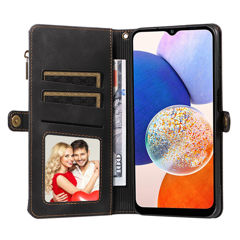 For Samsung Galaxy A14 4G 5G Zipper Pocket Viewing Stand Wallet Leather Case Phone Cover with Strap