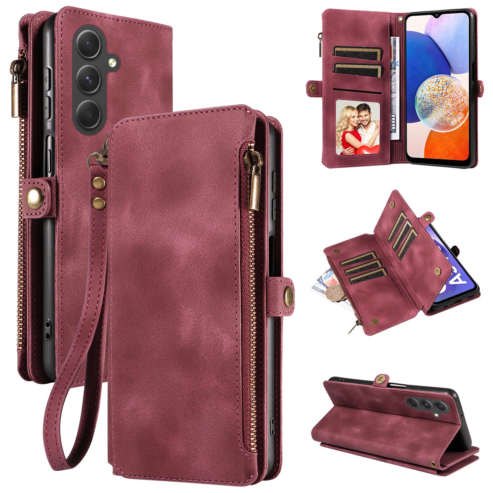 For Samsung Galaxy A14 4G 5G Zipper Pocket Viewing Stand Wallet Leather Case Phone Cover with Strap