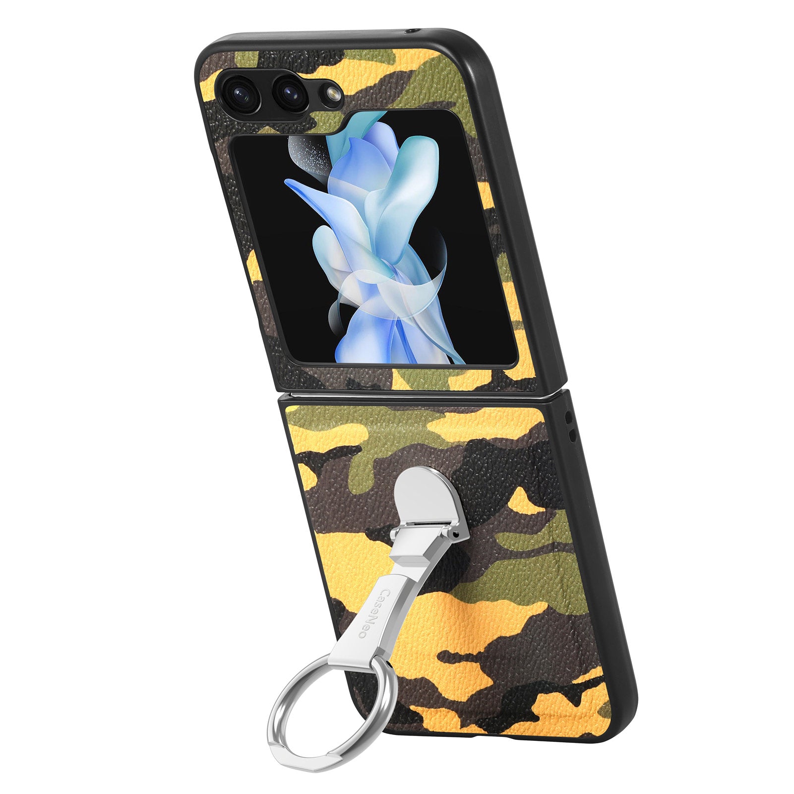 For Samsung Galaxy Z Flip5 5G PU Leather PC Camouflage Pattern Case Ring Holder Kickstand Phone Cover