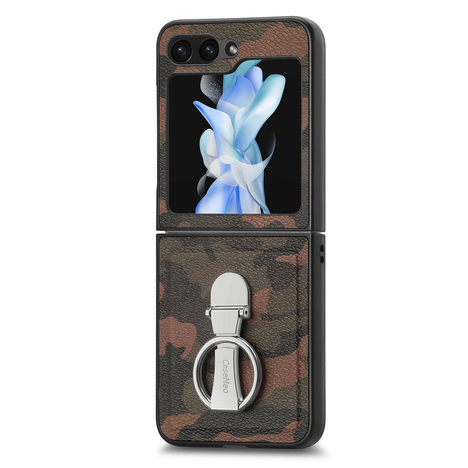 For Samsung Galaxy Z Flip5 5G PU Leather PC Camouflage Pattern Case Ring Holder Kickstand Phone Cover
