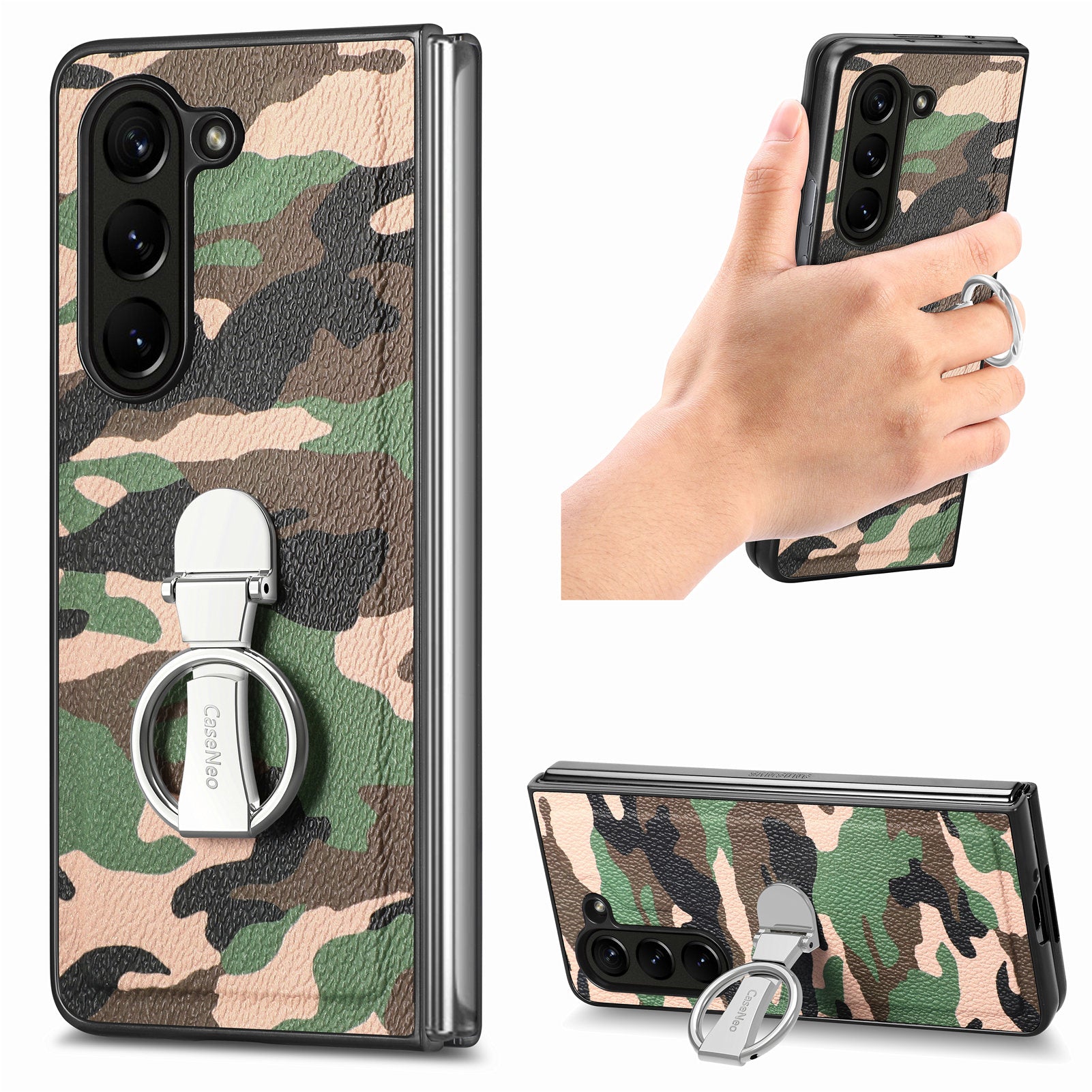 For Samsung Galaxy Z Fold5 5G Camouflage Pattern Phone Case PU Leather PC Ring Holder Kickstand Cover