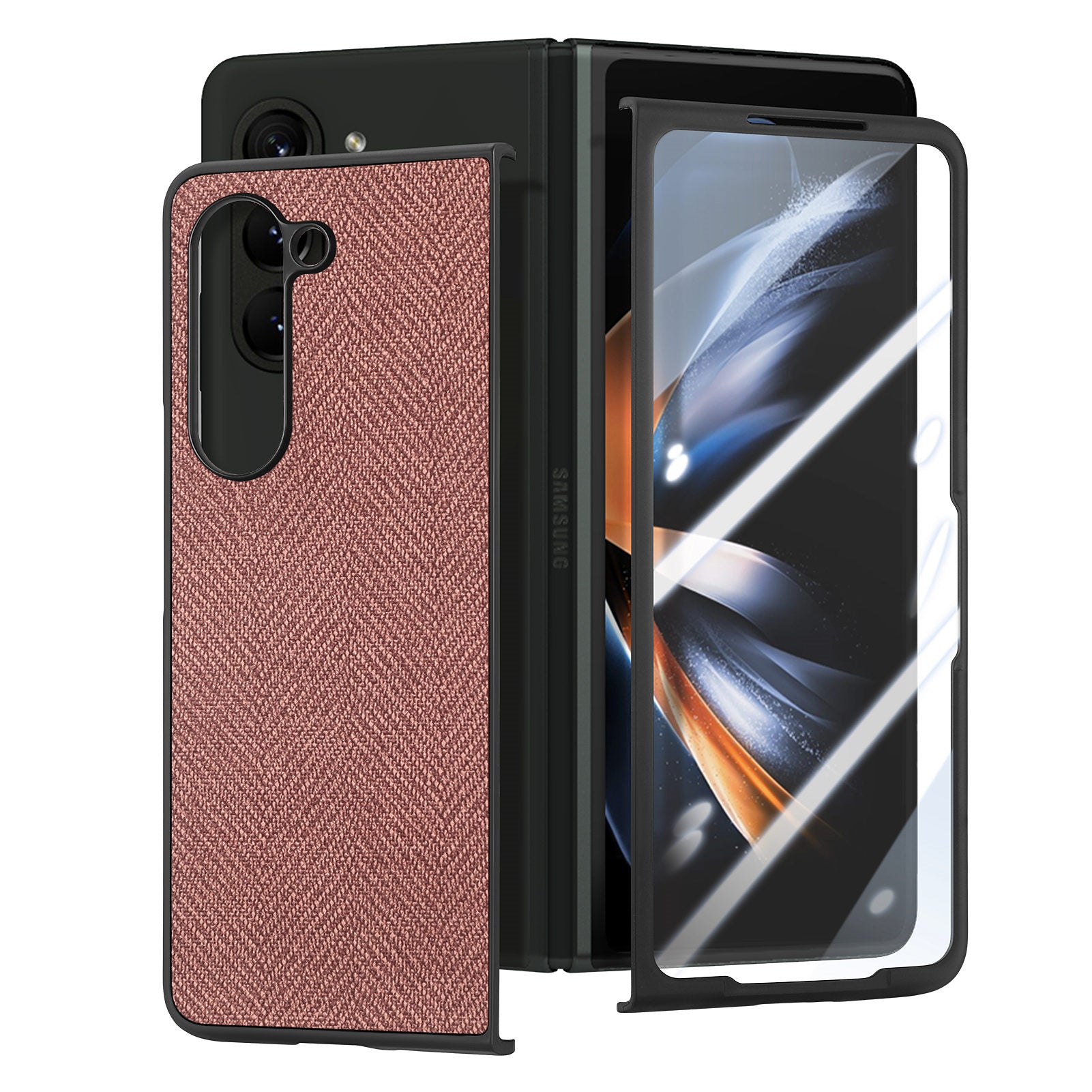 For Samsung Galaxy Z Fold5 5G PU Leather PC Case Jeans Cloth Texture Anti-slip Phone Cover with Tempered Glass Film