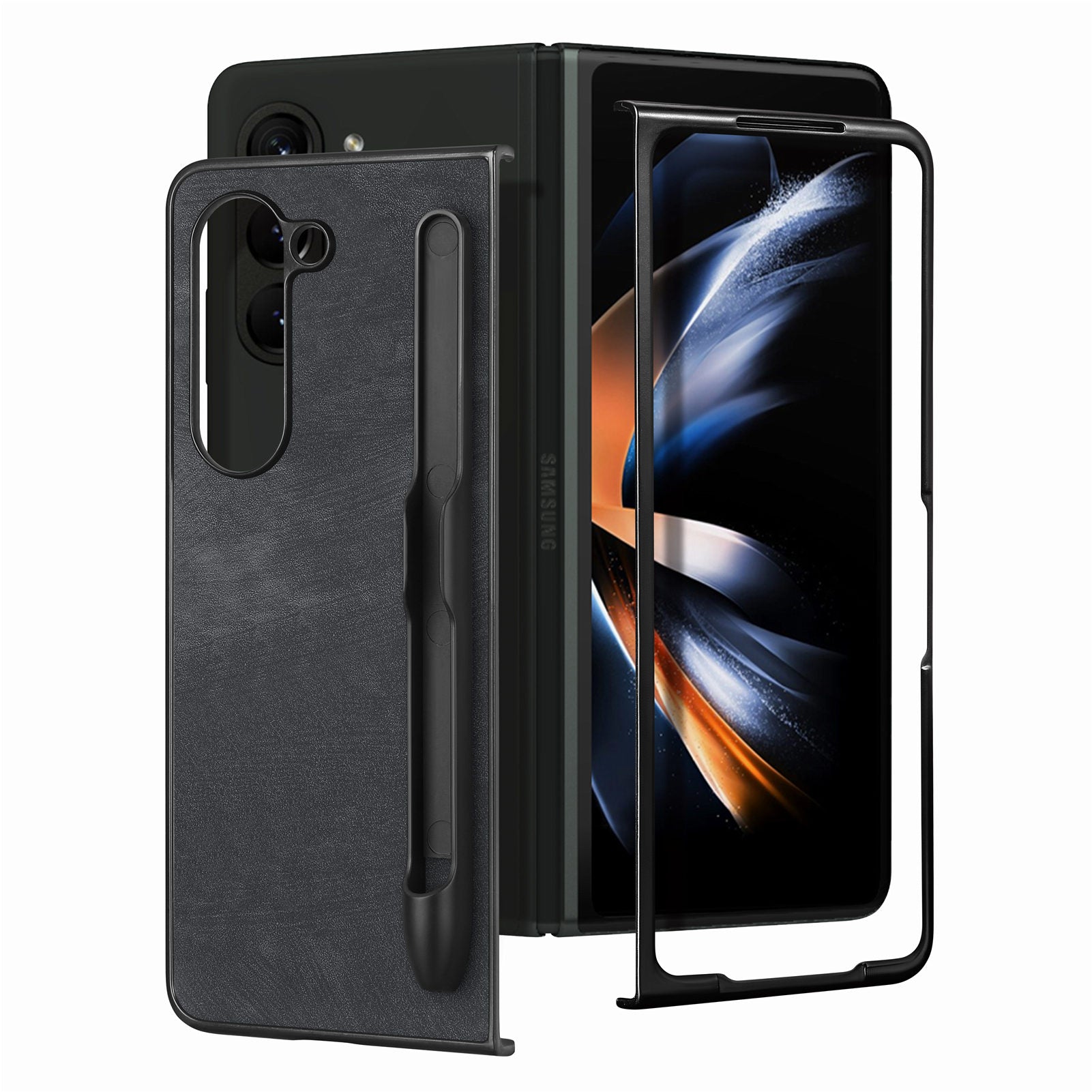 Pro Samsung Galaxy Z Fold5 5G Vintage nárazuvzdorné pouzdro na telefon PU kožené pouzdro na PC pero Designový kryt 