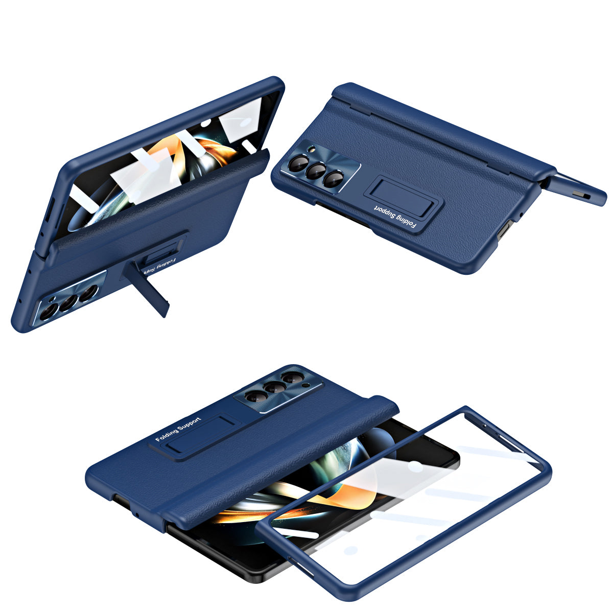For Samsung Galaxy Z Fold5 5G Kickstand Phone Case Slim Hard PC PU Leather Phone Cover with Tempered Glass Film