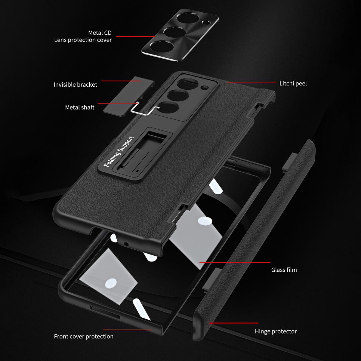 For Samsung Galaxy Z Fold5 5G Kickstand Phone Case Slim Hard PC PU Leather Phone Cover with Tempered Glass Film