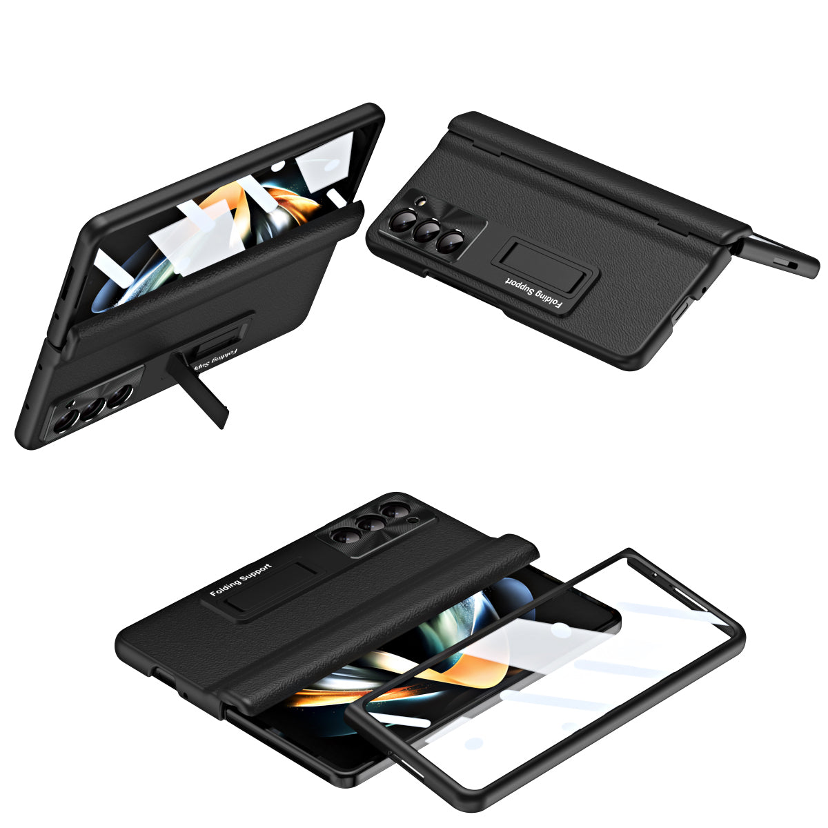 For Samsung Galaxy Z Fold5 5G Kickstand Phone Case Slim Hard PC PU Leather Phone Cover with Tempered Glass Film