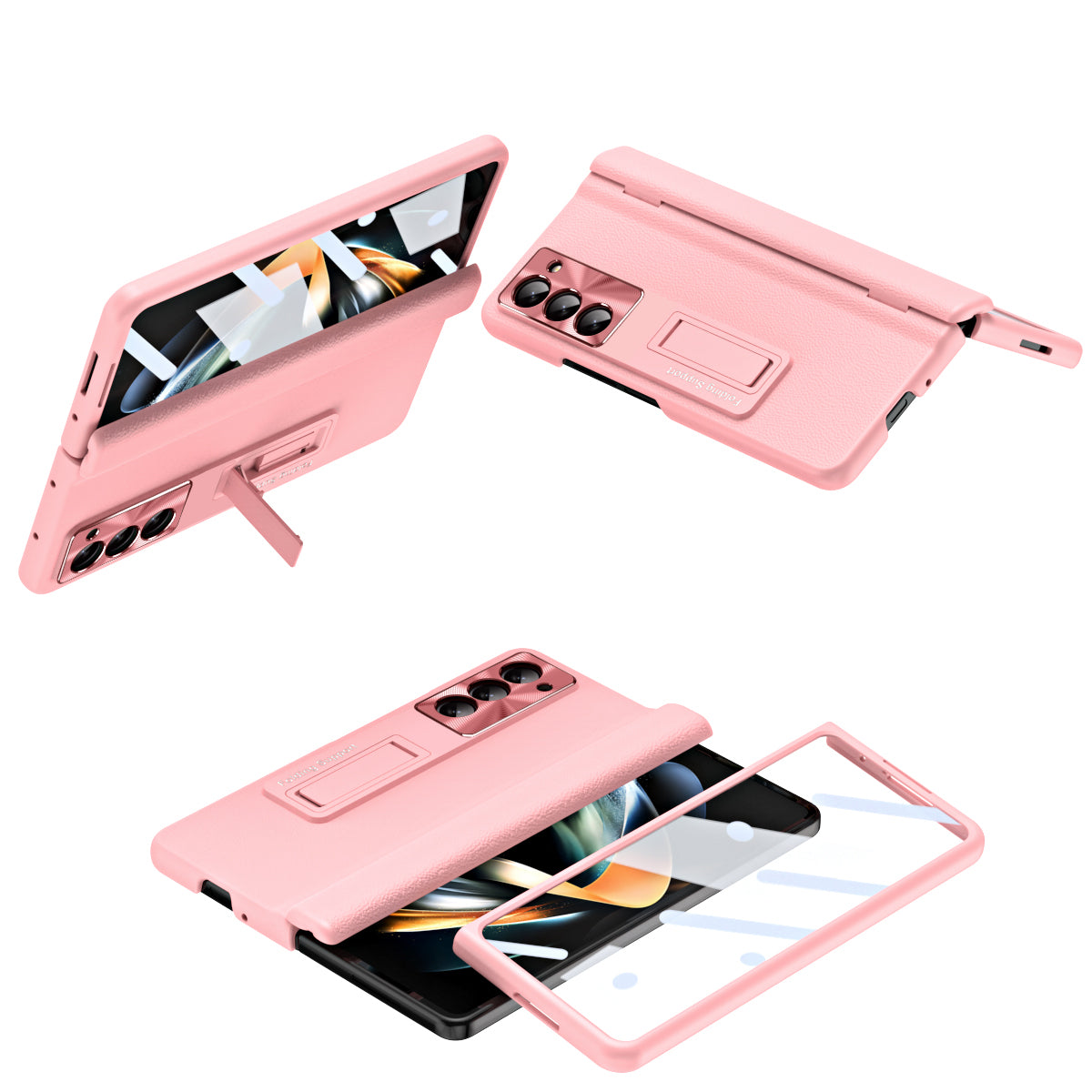 For Samsung Galaxy Z Fold5 5G Kickstand Phone Case Slim Hard PC PU Leather Phone Cover with Tempered Glass Film