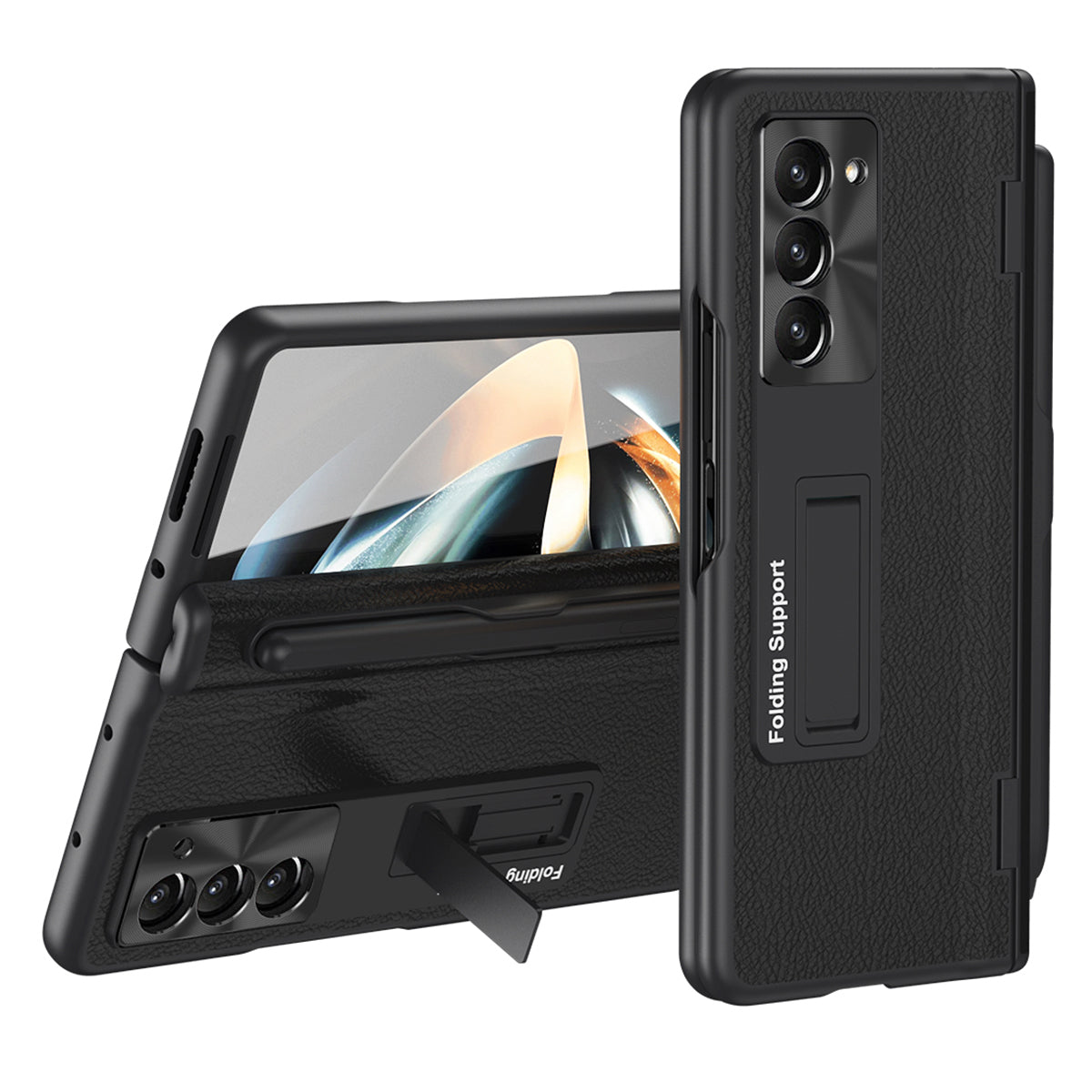 For Samsung Galaxy Z Fold5 5G Kickstand Case Hinge Protection PU Leather PC Cover with Tempered Glass Film Pen