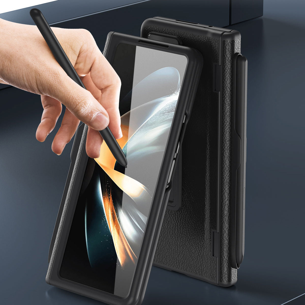 For Samsung Galaxy Z Fold5 5G Kickstand Case Hinge Protection PU Leather PC Cover with Tempered Glass Film Pen