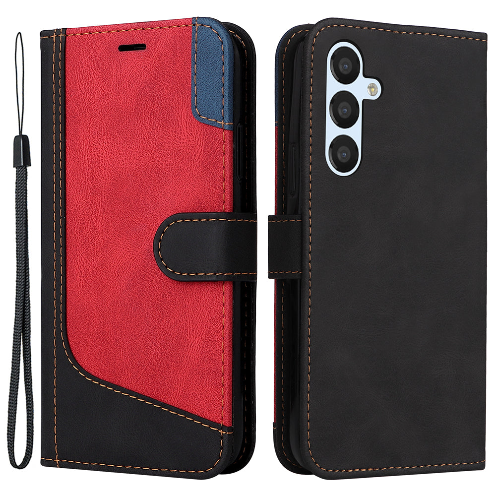 For Samsung Galaxy S23 FE Wallet Phone Case Three-color Splicing Leather Stand Cover with Strap