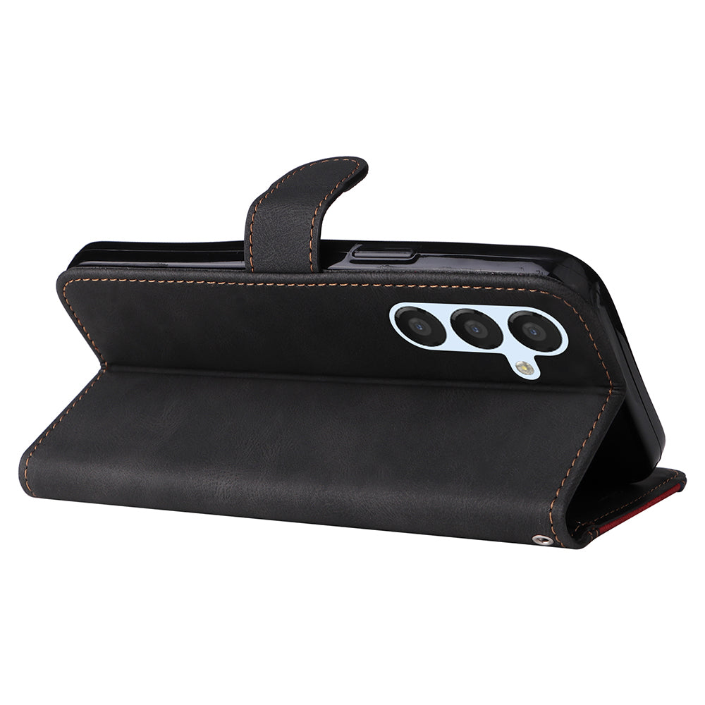 For Samsung Galaxy S23 FE Wallet Phone Case Three-color Splicing Leather Stand Cover with Strap