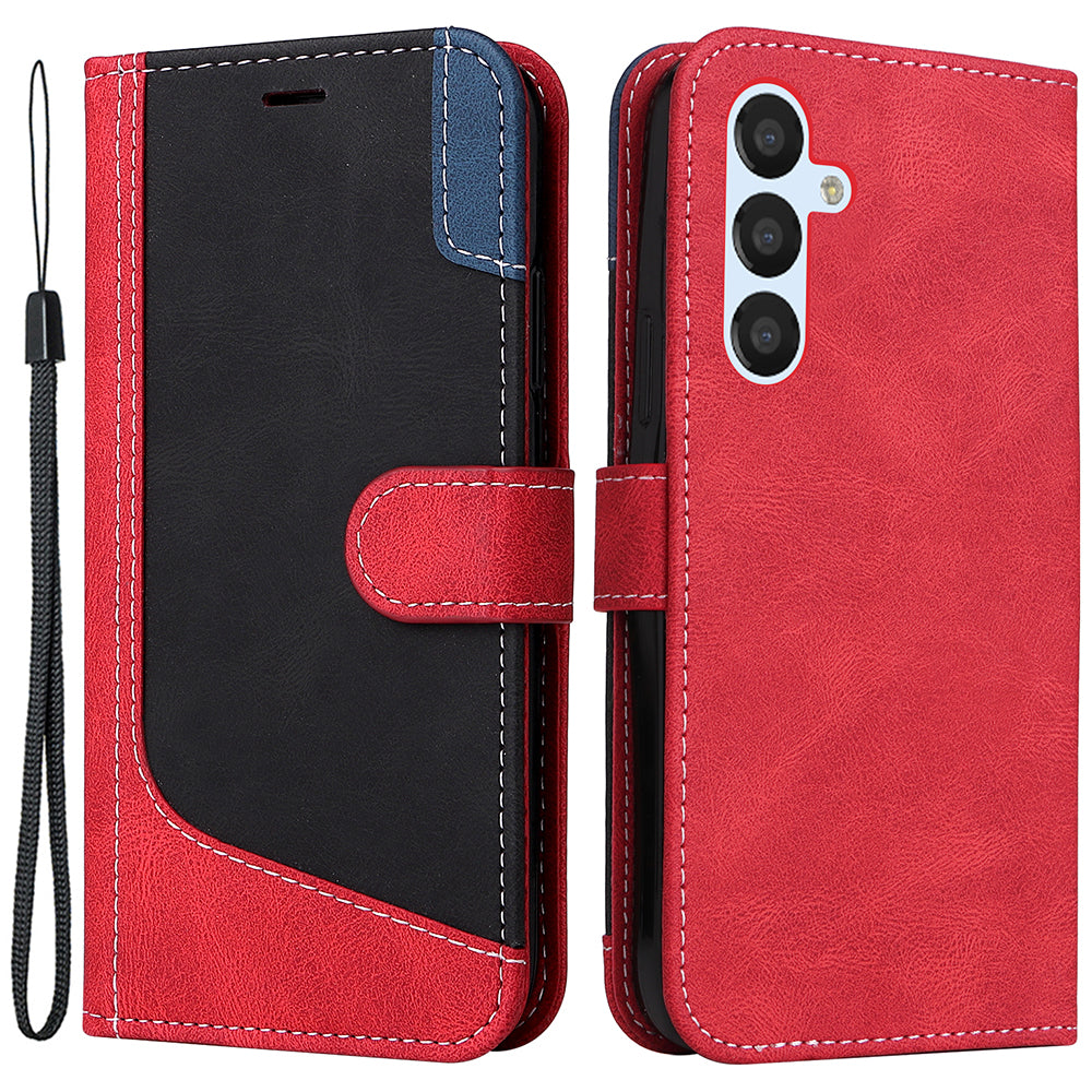 For Samsung Galaxy S23 FE Wallet Phone Case Three-color Splicing Leather Stand Cover with Strap