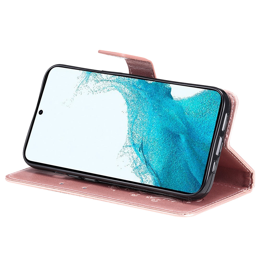 KT Imprinting Flower Series-2 For Samsung Galaxy S23 FE PU Leather Wallet Phone Case Butterfly Imprint Stand Cover