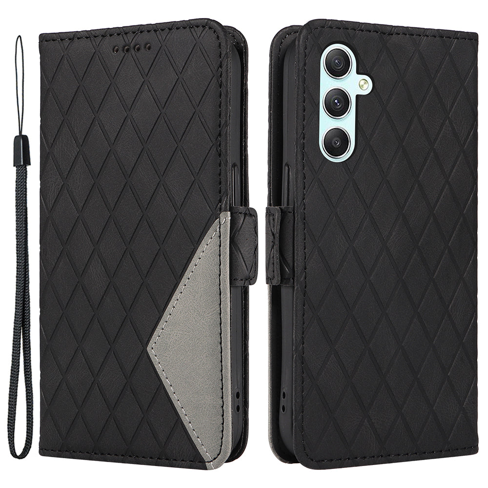 For Samsung Galaxy S23 FE Anti-Scratch Rhombus Imprinted Cover Stand Flip Wallet Splicing Leather Phone Case
