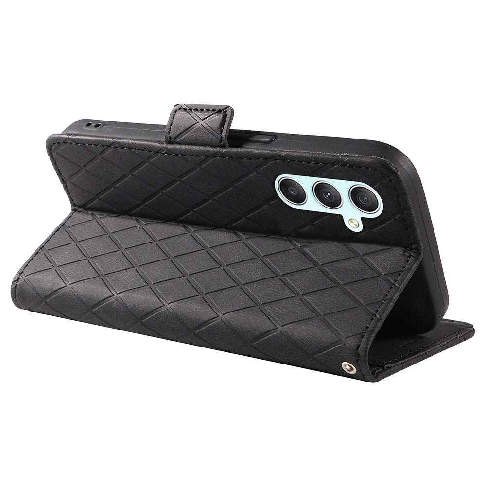 For Samsung Galaxy S23 FE Anti-Scratch Rhombus Imprinted Cover Stand Flip Wallet Splicing Leather Phone Case