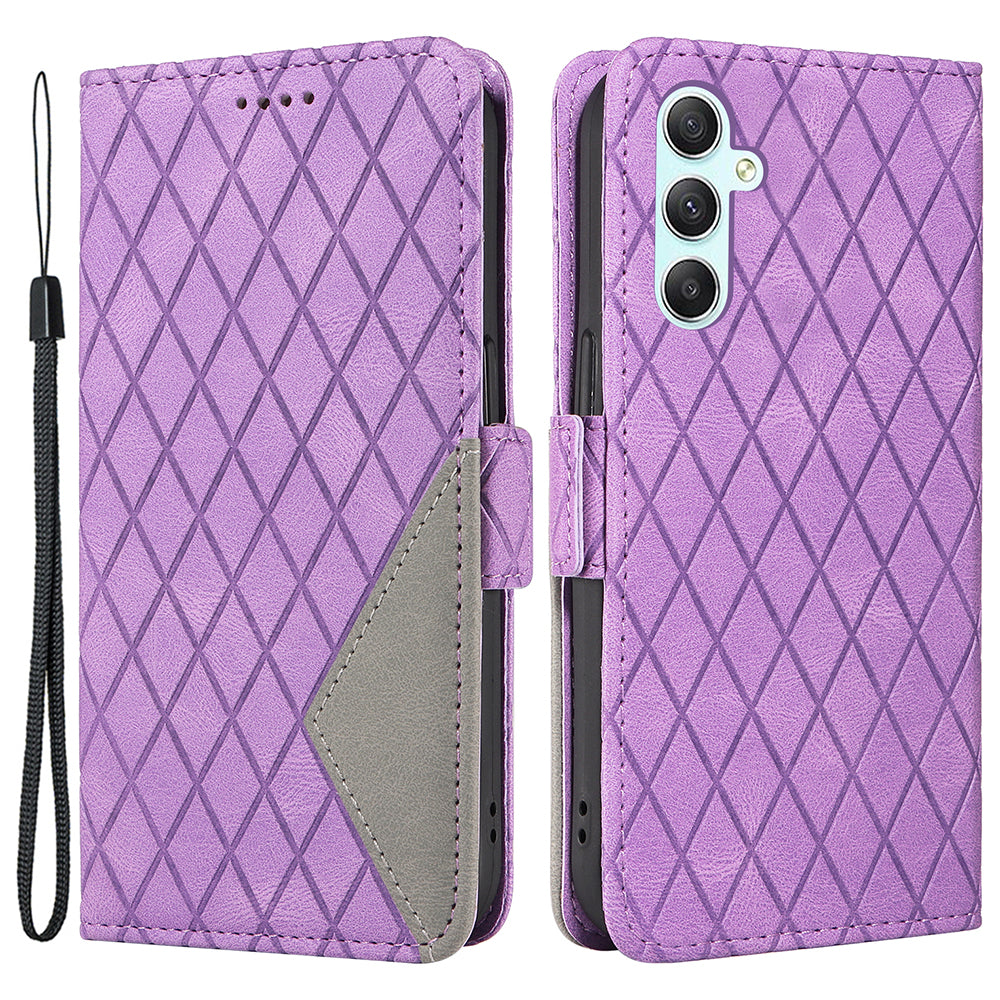 For Samsung Galaxy S23 FE Anti-Scratch Rhombus Imprinted Cover Stand Flip Wallet Splicing Leather Phone Case