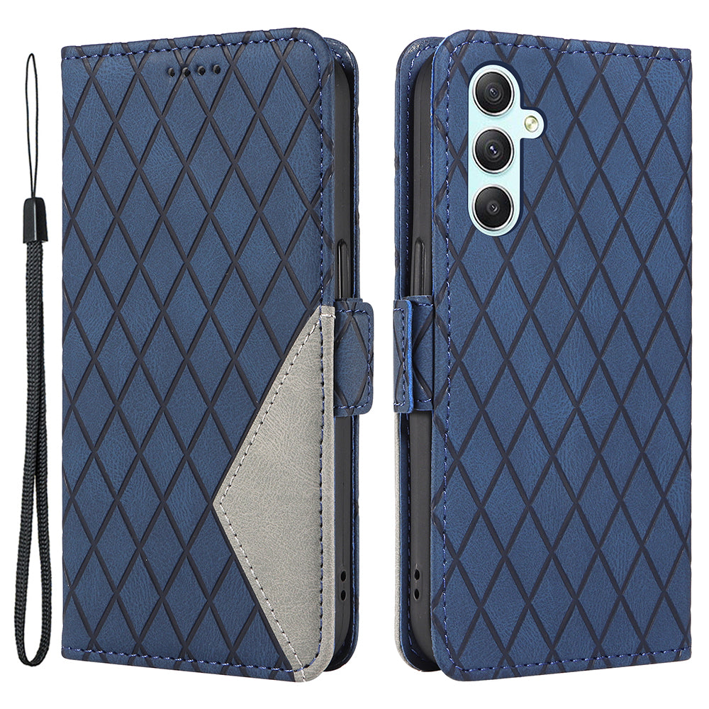 For Samsung Galaxy S23 FE Anti-Scratch Rhombus Imprinted Cover Stand Flip Wallet Splicing Leather Phone Case