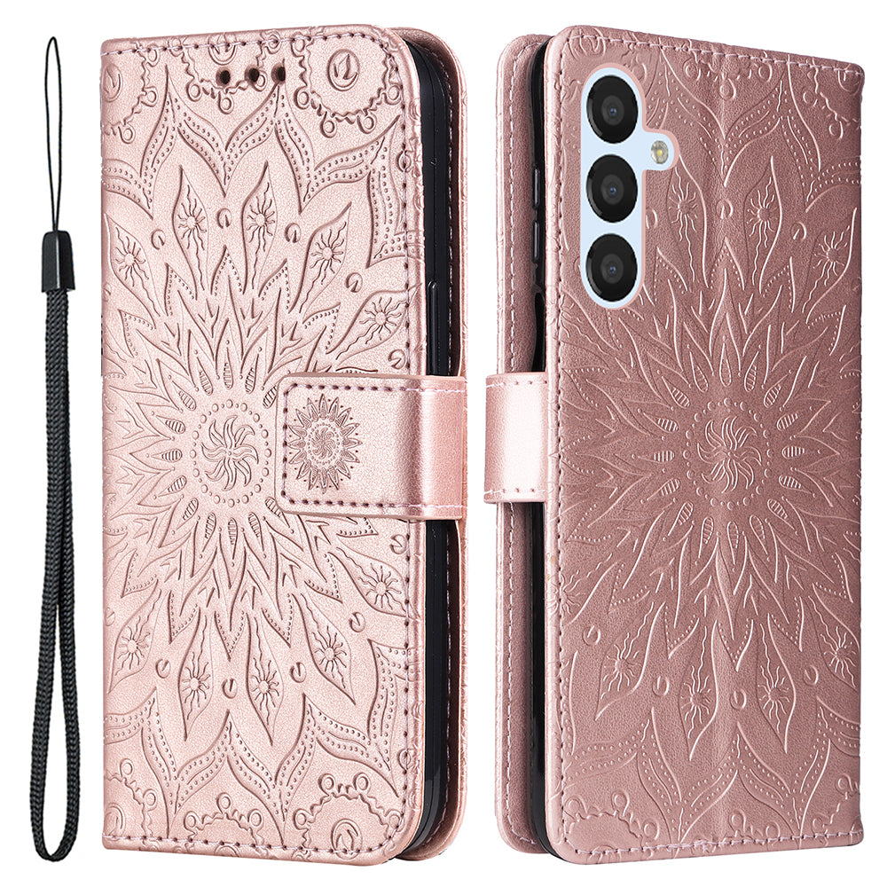 KT Imprinting Flower Series-1 For Samsung Galaxy A25 5G PU Leather Wallet Flip Stand Phone Cover Anti-Scratch Case Shell