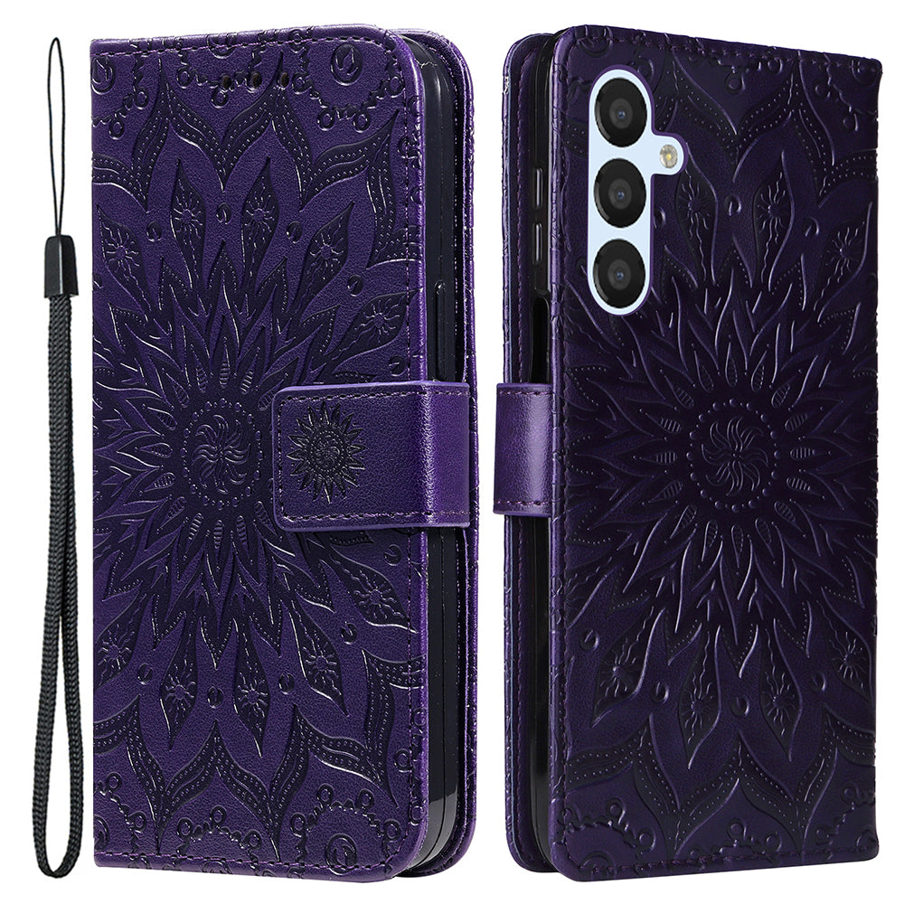 KT Imprinting Flower Series-1 For Samsung Galaxy A25 5G PU Leather Wallet Flip Stand Phone Cover Anti-Scratch Case Shell