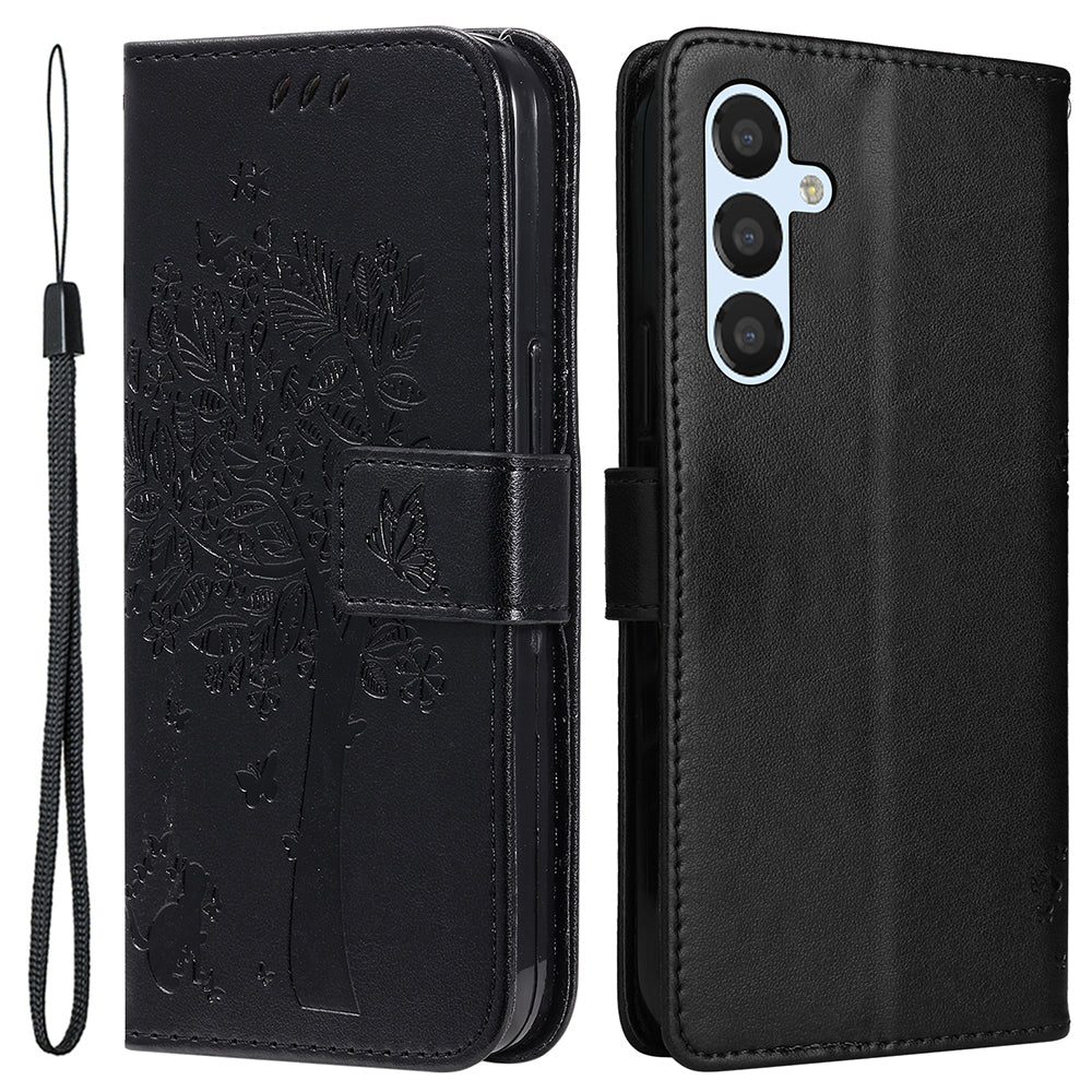 KT Imprinting Flower Series-3 for Samsung Galaxy A25 5G Phone Cover Flip Stand Imprinted Cat Tree Phone Case Wallet