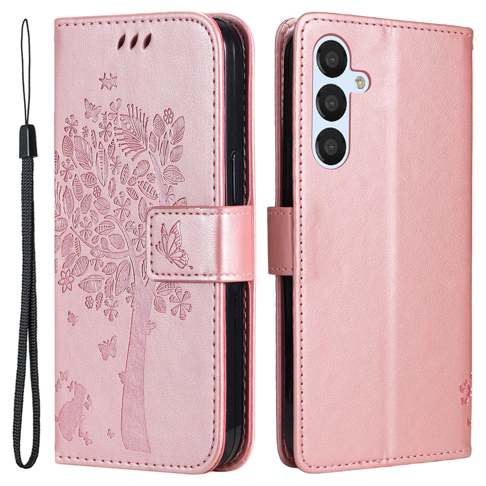 KT Imprinting Flower Series-3 for Samsung Galaxy A25 5G Phone Cover Flip Stand Imprinted Cat Tree Phone Case Wallet