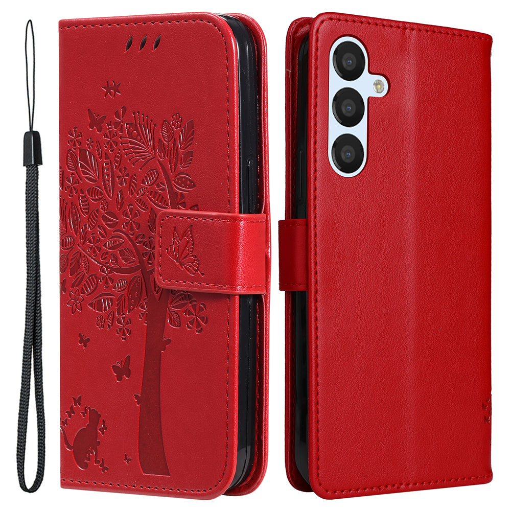 KT Imprinting Flower Series-3 for Samsung Galaxy A25 5G Phone Cover Flip Stand Imprinted Cat Tree Phone Case Wallet