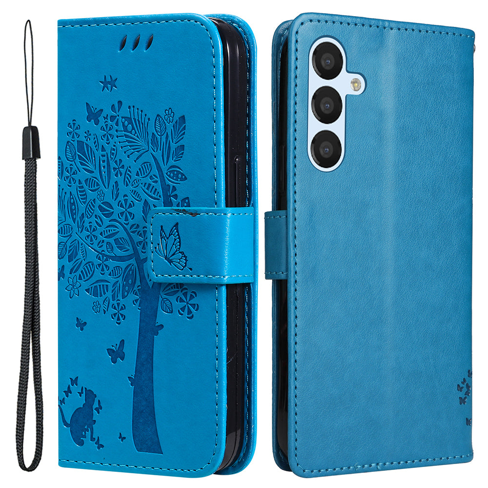 KT Imprinting Flower Series-3 for Samsung Galaxy A25 5G Phone Cover Flip Stand Imprinted Cat Tree Phone Case Wallet