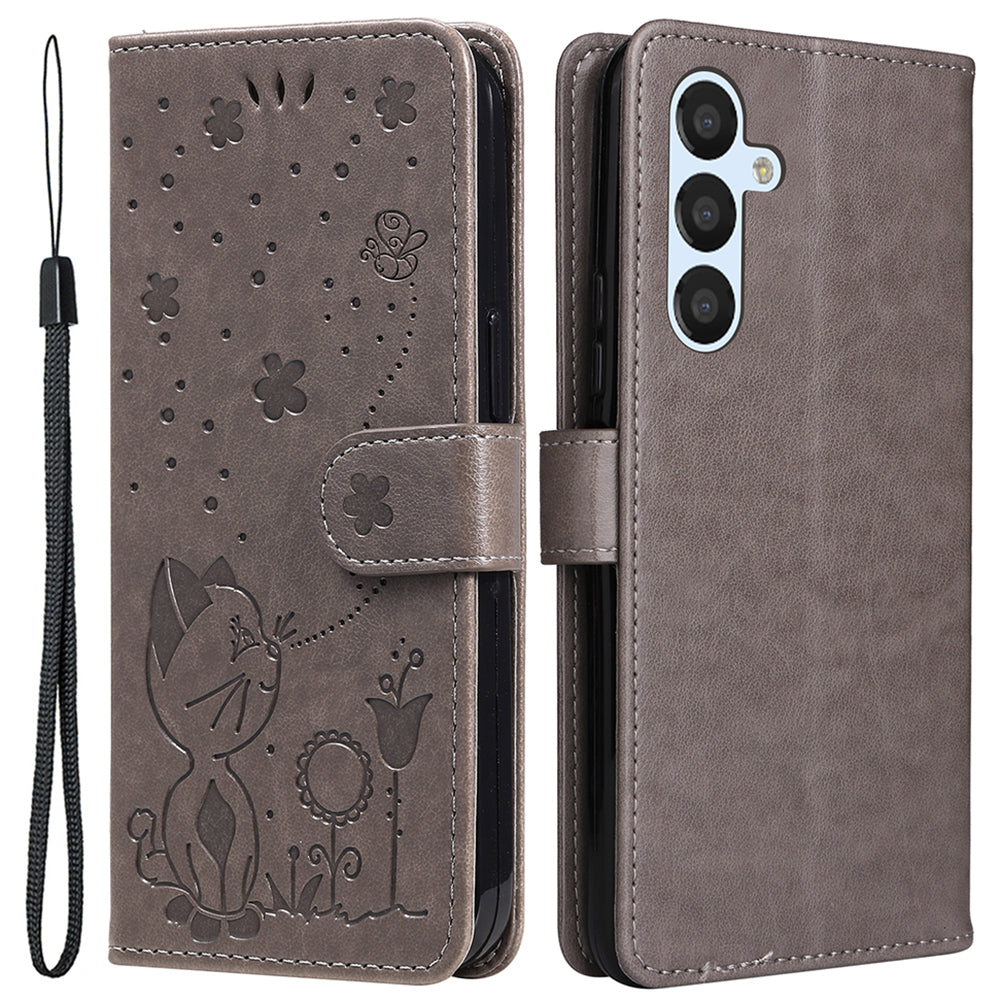 KT Imprinting Flower Series-4 For Samsung Galaxy A25 5G PU Leather Phone Cover Imprinted Cat Stand Wallet Case