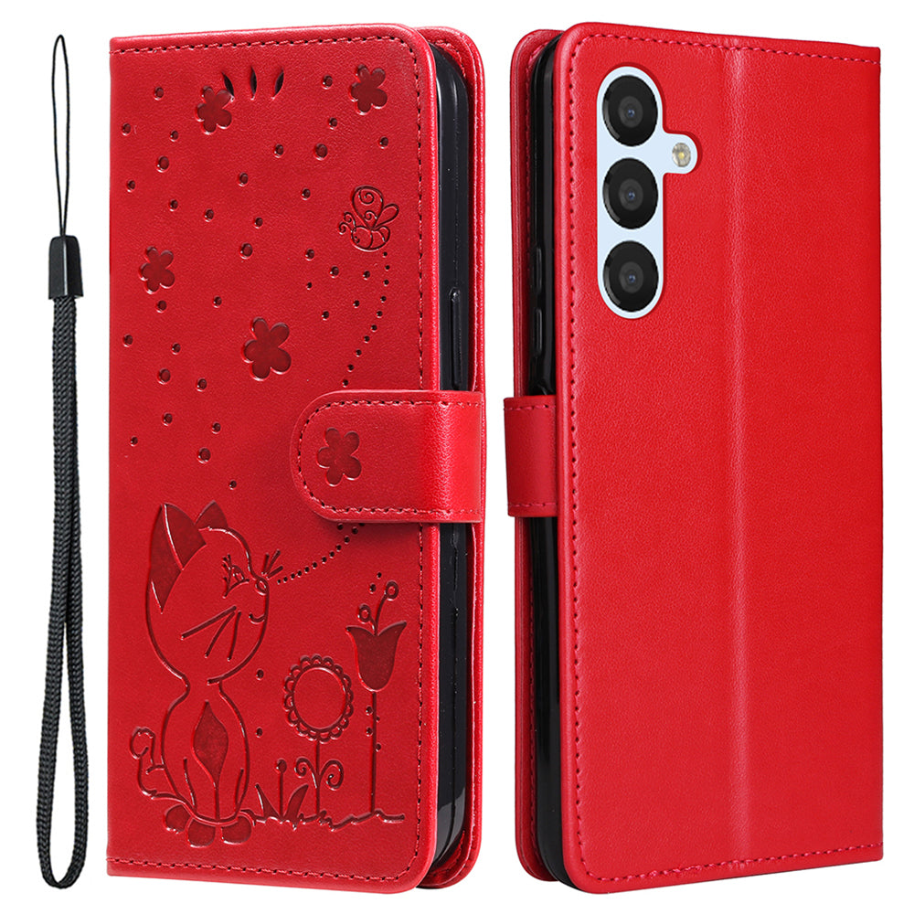 KT Imprinting Flower Series-4 For Samsung Galaxy A25 5G PU Leather Phone Cover Imprinted Cat Stand Wallet Case