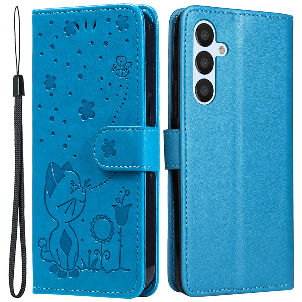 KT Imprinting Flower Series-4 For Samsung Galaxy A25 5G PU Leather Phone Cover Imprinted Cat Stand Wallet Case