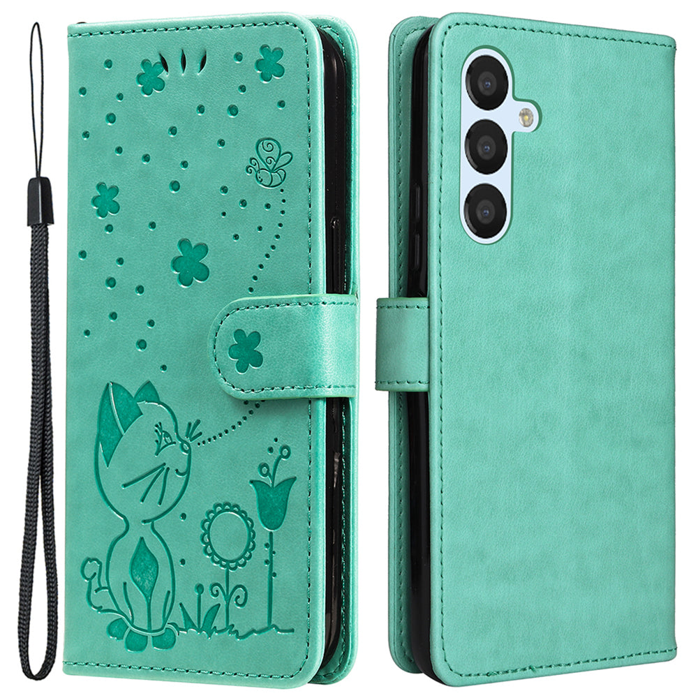 KT Imprinting Flower Series-4 For Samsung Galaxy A25 5G PU Leather Phone Cover Imprinted Cat Stand Wallet Case