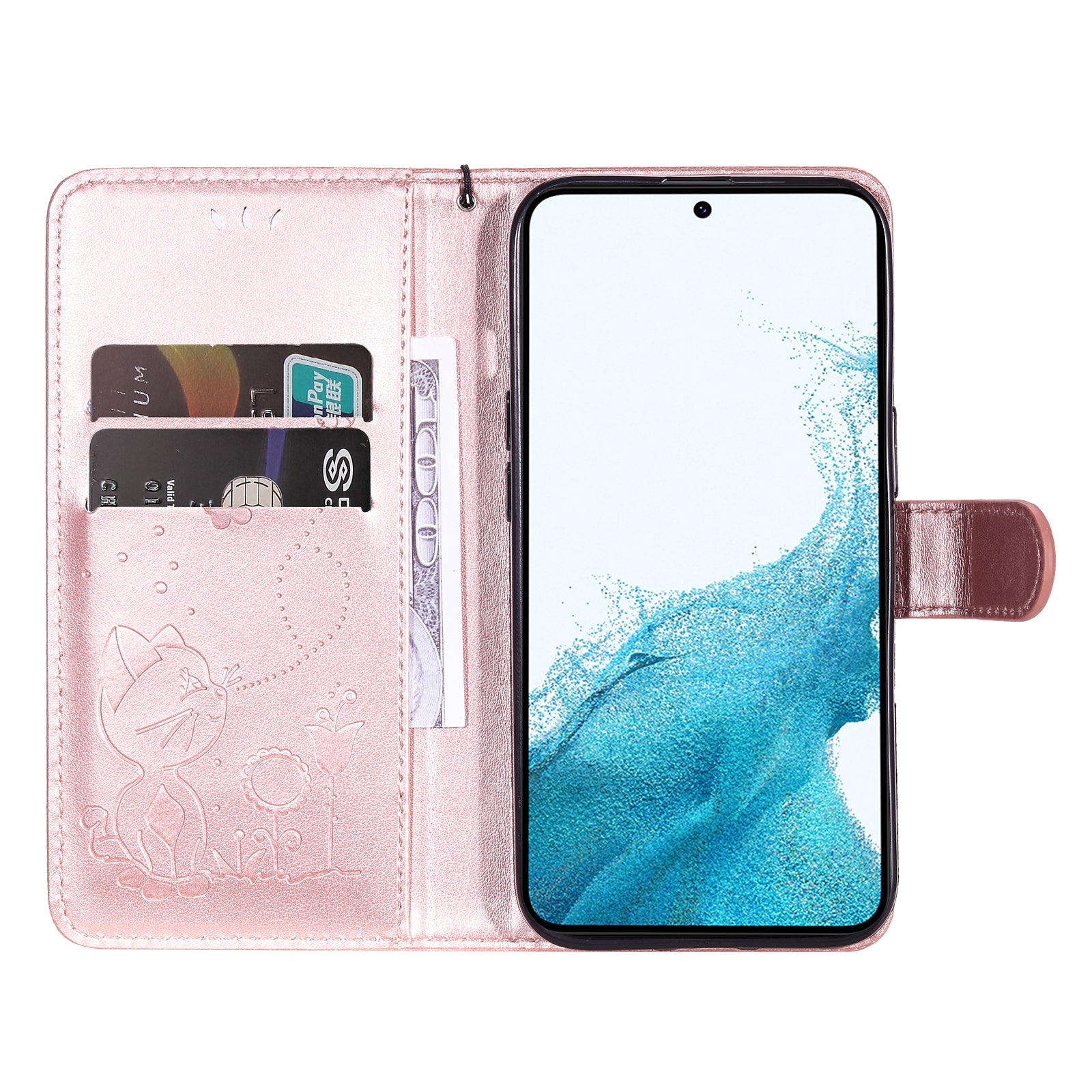 KT Imprinting Flower Series-4 For Samsung Galaxy A25 5G PU Leather Phone Cover Imprinted Cat Stand Wallet Case