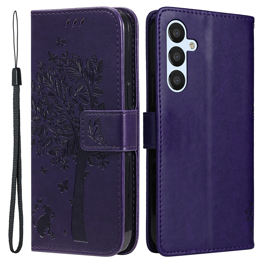 For Samsung Galaxy S23 FE KT Imprinting Flower Series-3 PU Leather Cover Flip Stand Imprinted Cat Tree Wallet Phone Case