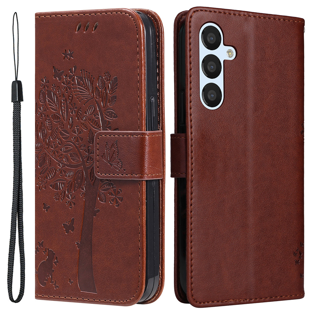 For Samsung Galaxy S23 FE KT Imprinting Flower Series-3 PU Leather Cover Flip Stand Imprinted Cat Tree Wallet Phone Case