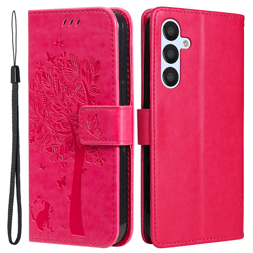 For Samsung Galaxy S23 FE KT Imprinting Flower Series-3 PU Leather Cover Flip Stand Imprinted Cat Tree Wallet Phone Case