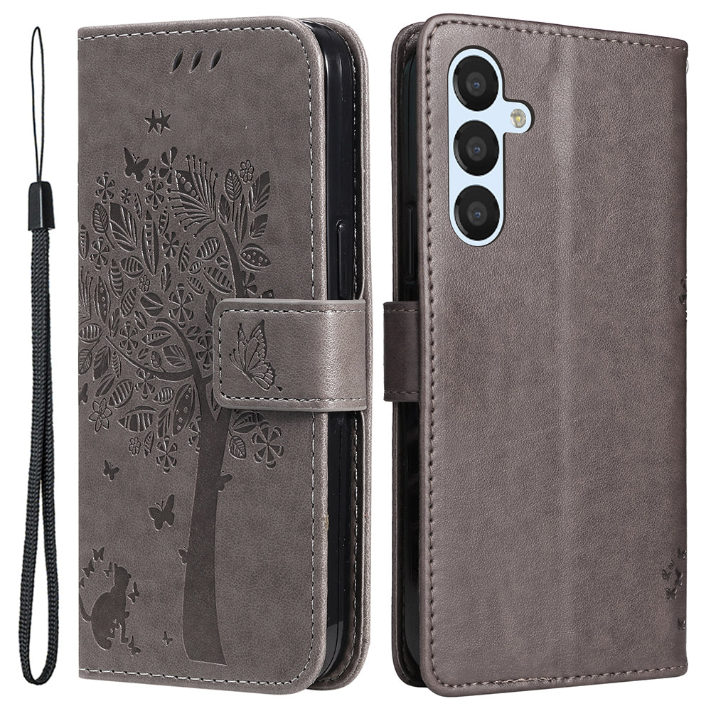 For Samsung Galaxy S23 FE KT Imprinting Flower Series-3 PU Leather Cover Flip Stand Imprinted Cat Tree Wallet Phone Case