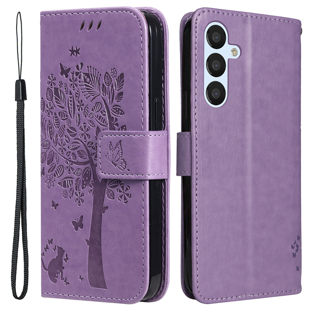 For Samsung Galaxy S23 FE KT Imprinting Flower Series-3 PU Leather Cover Flip Stand Imprinted Cat Tree Wallet Phone Case