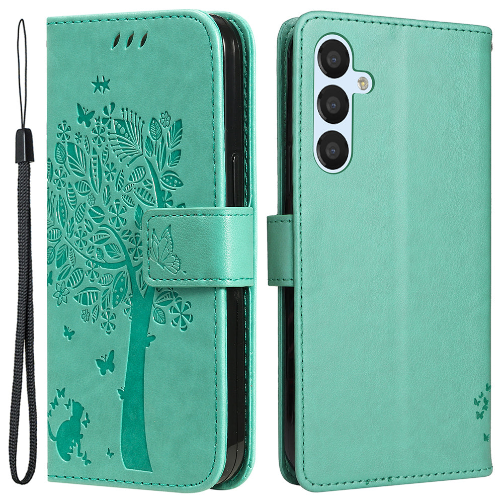 For Samsung Galaxy S23 FE KT Imprinting Flower Series-3 PU Leather Cover Flip Stand Imprinted Cat Tree Wallet Phone Case